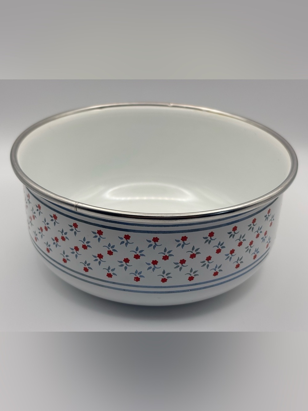 Vintage Kamenstein Enamel Mixing Bowl with Blue Stripes and Red Floral Design